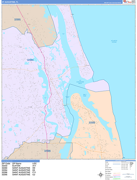 St. Augustine City Wall Map Color Cast Style
